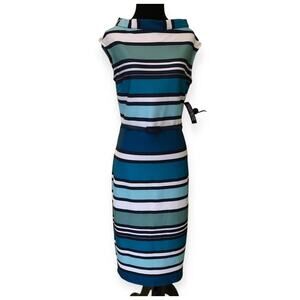 New York and Company Striped Bodycon Midi Dress With Belt Size Small -NEW